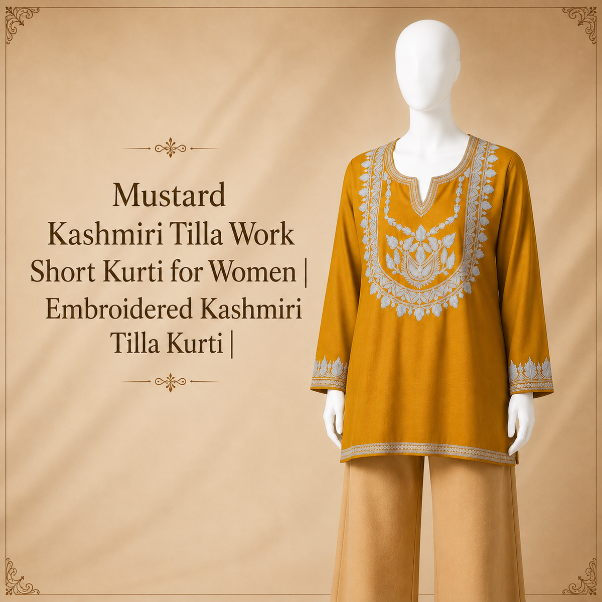 Mustard Kashmiri Tilla work short kurti for women with elegant embroidery