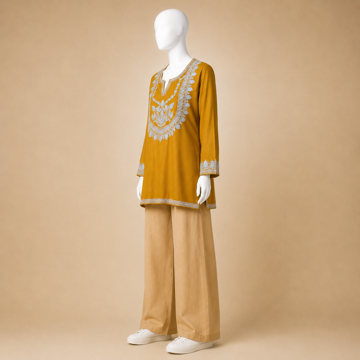 Elegant Mustard Tilla work kurti with traditional Kashmiri embroidery