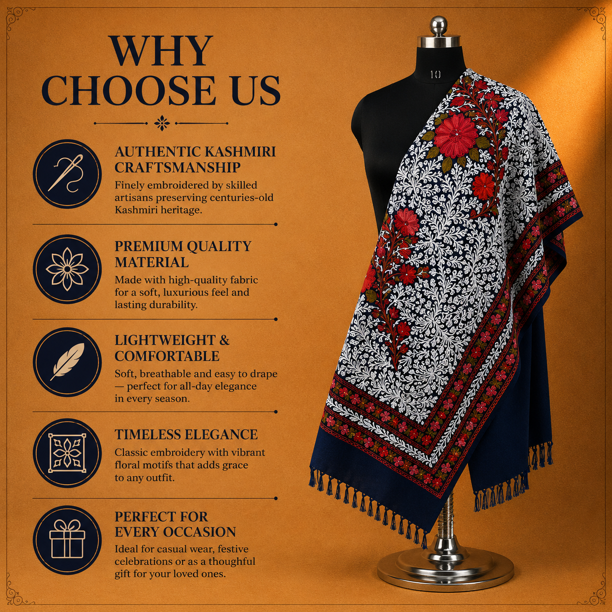 Elegant Jama Tusha Stole in Navy Blue with traditional Kashmiri embroidery