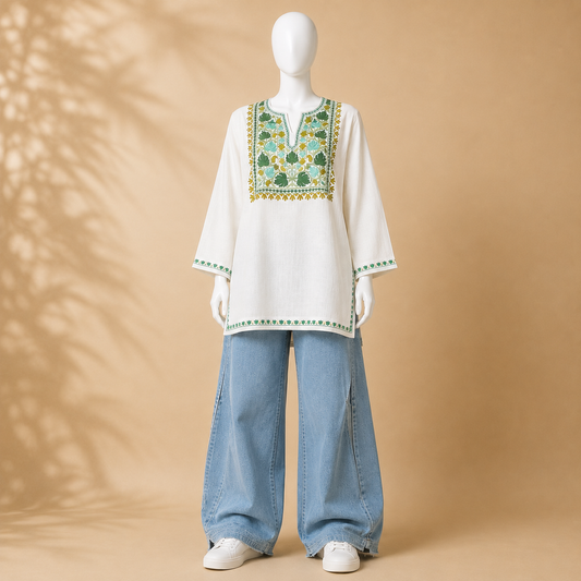Off-White Aari Embroidered Designer Kashmiri Kurti