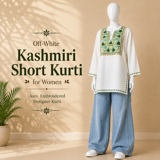 Off-White Kashmiri Short Kurti for Women with Aari Embroidery