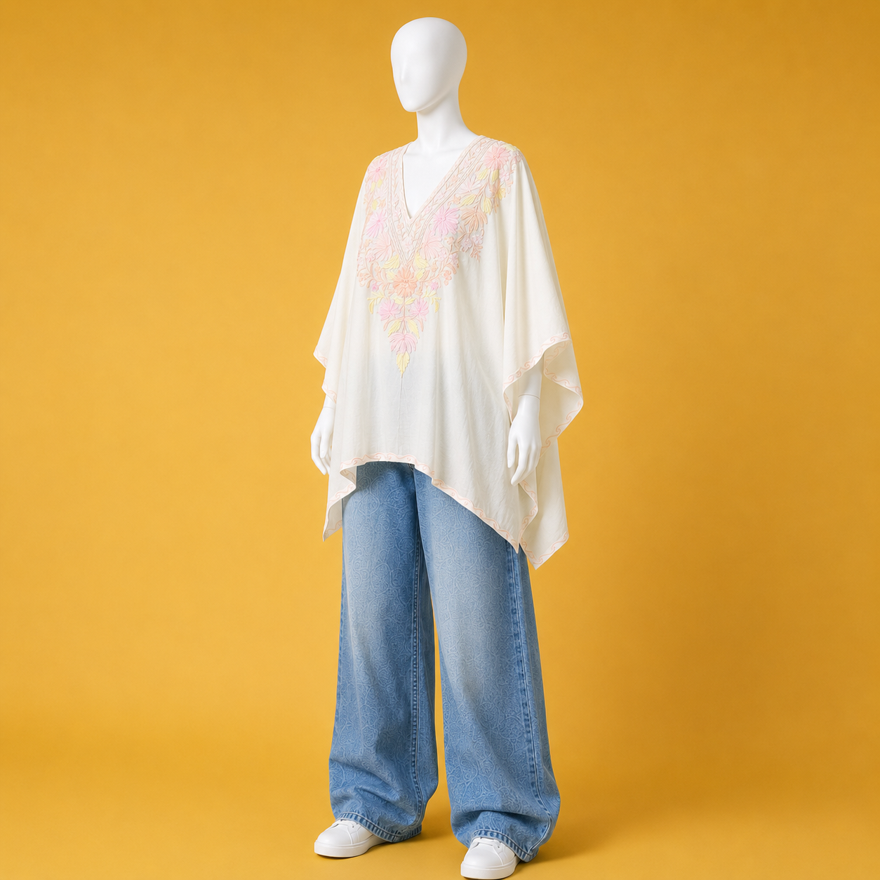 Off-White floral Kashmiri kaftan with elegant pastel Aari embroidered design