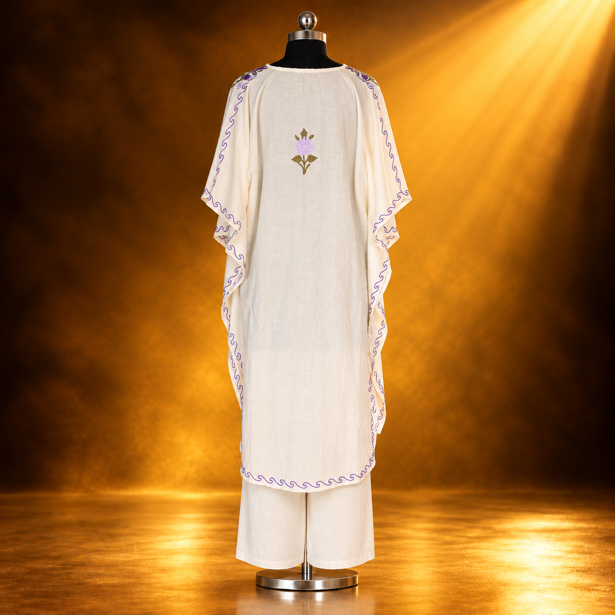Off-White Purple Kashmiri Kaftan Set for Women