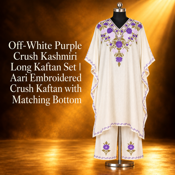 Off-White Purple Floral Long Crush Kashmiri Kaftan Set | Aari Embroidered Crush Kaftan