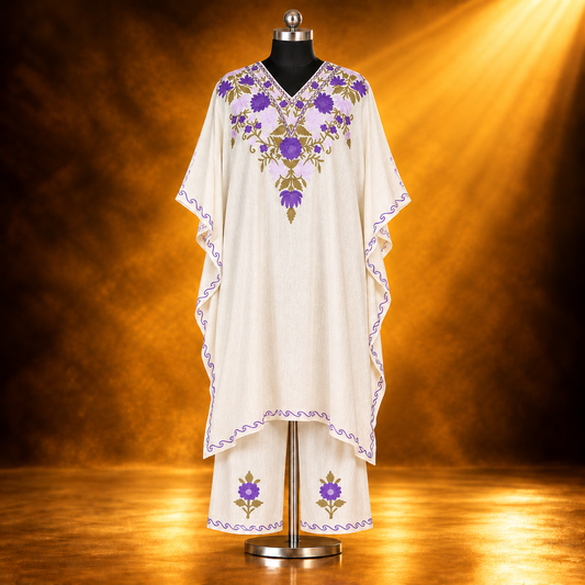 Off-White Purple Kashmiri Long Kaftan Set Back View