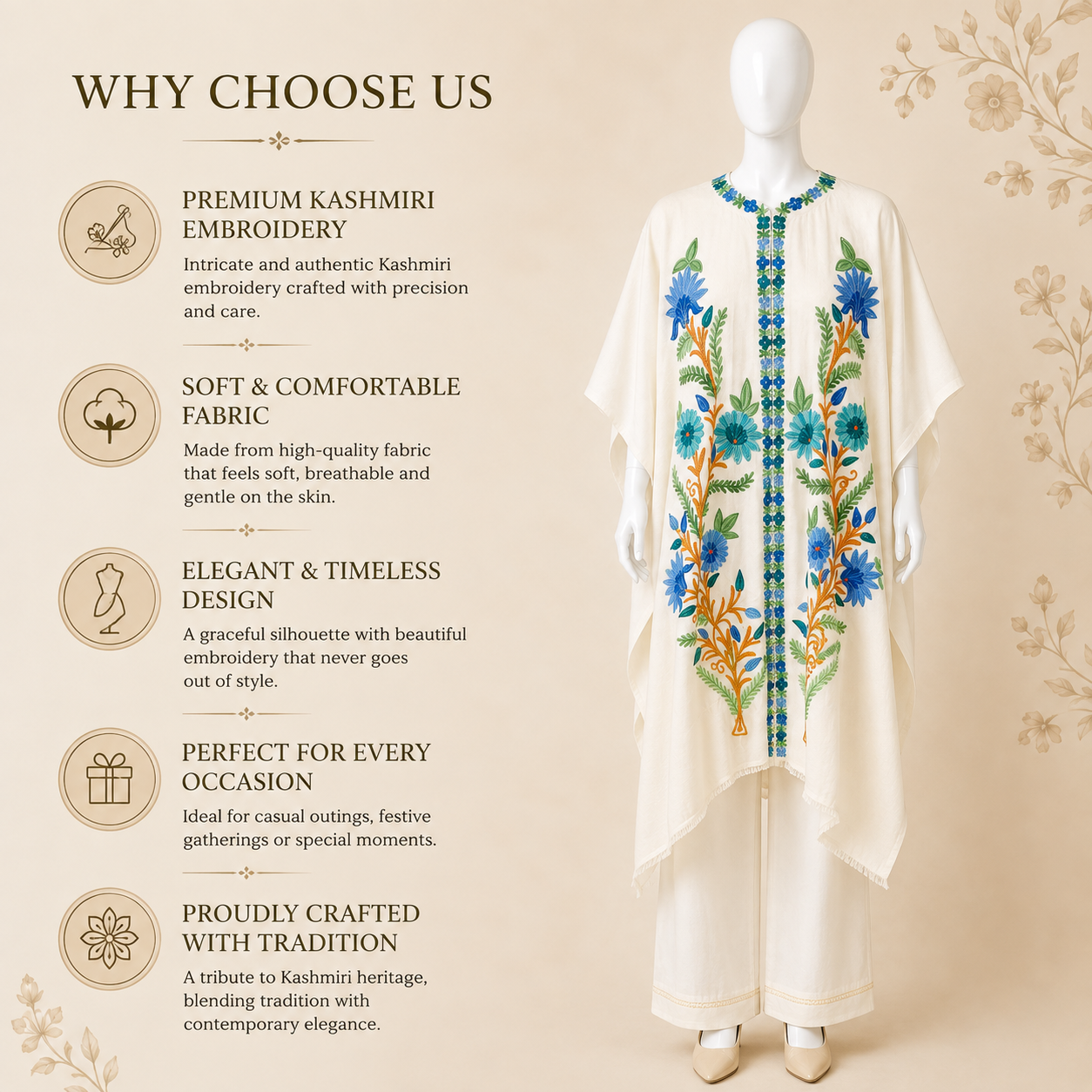 Elegant Off White embroidered shrug with traditional Kashmiri craftsmanship
