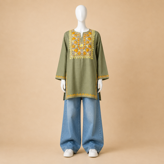 Olive Green Aari Embroidered Designer Kashmiri Kurti