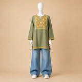 Olive Green Aari Embroidered Designer Kashmiri Kurti