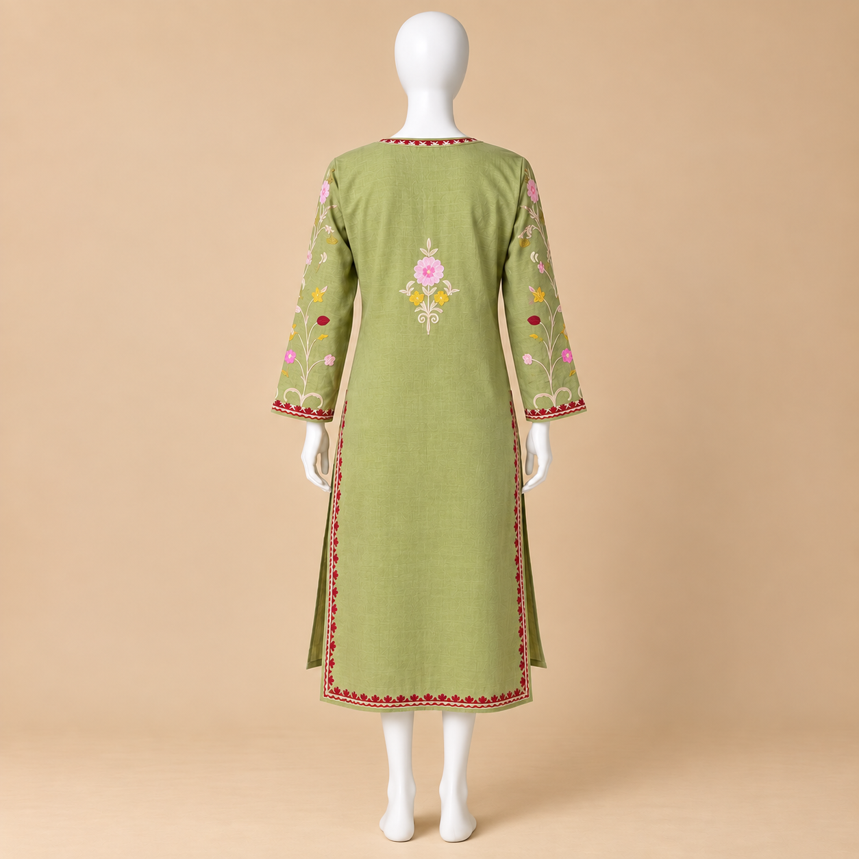 Olive Green Kashmiri Cotton Long Kurti for Women