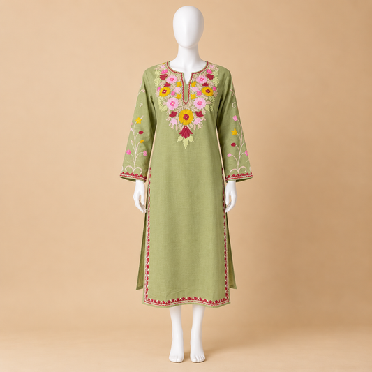 Olive Green Long Kashmiri Kurti with Floral Aari-Style Embroidery