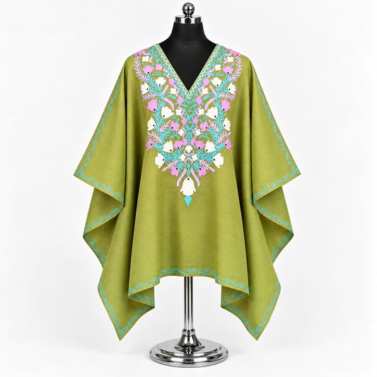 Olive Green Kashmiri Short Kaftan with Pastel Floral Aari Embroidery