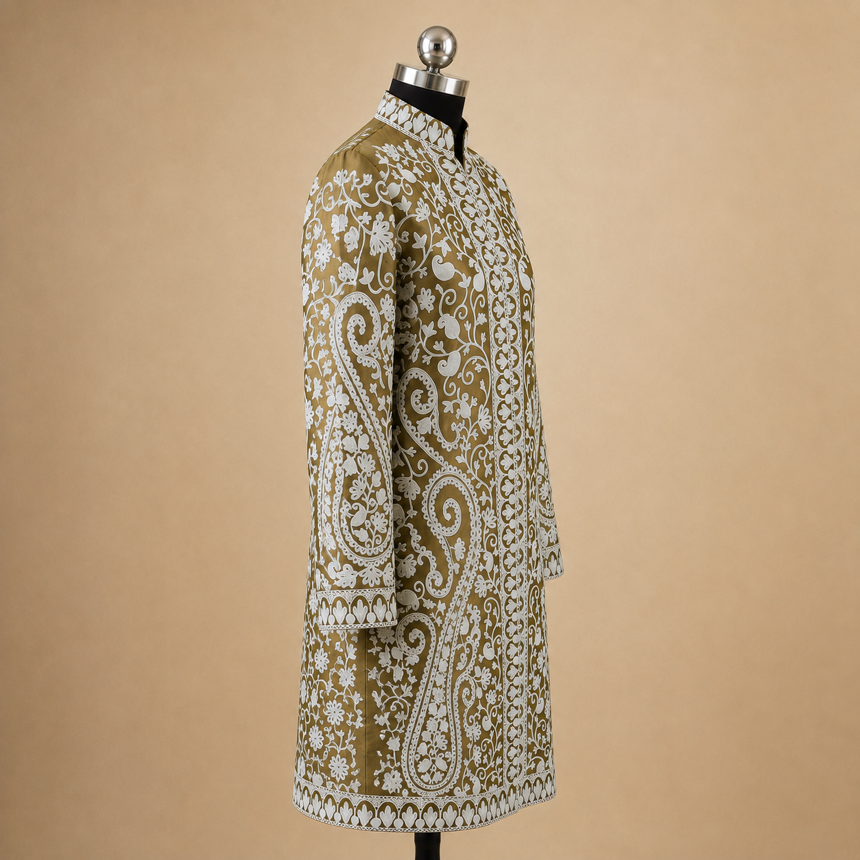 Elegant Olive Matka Silk jacket with detailed Kashmiri embroidered Jaal work