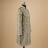 Elegant Olive Matka Silk jacket with detailed Kashmiri embroidered Jaal work