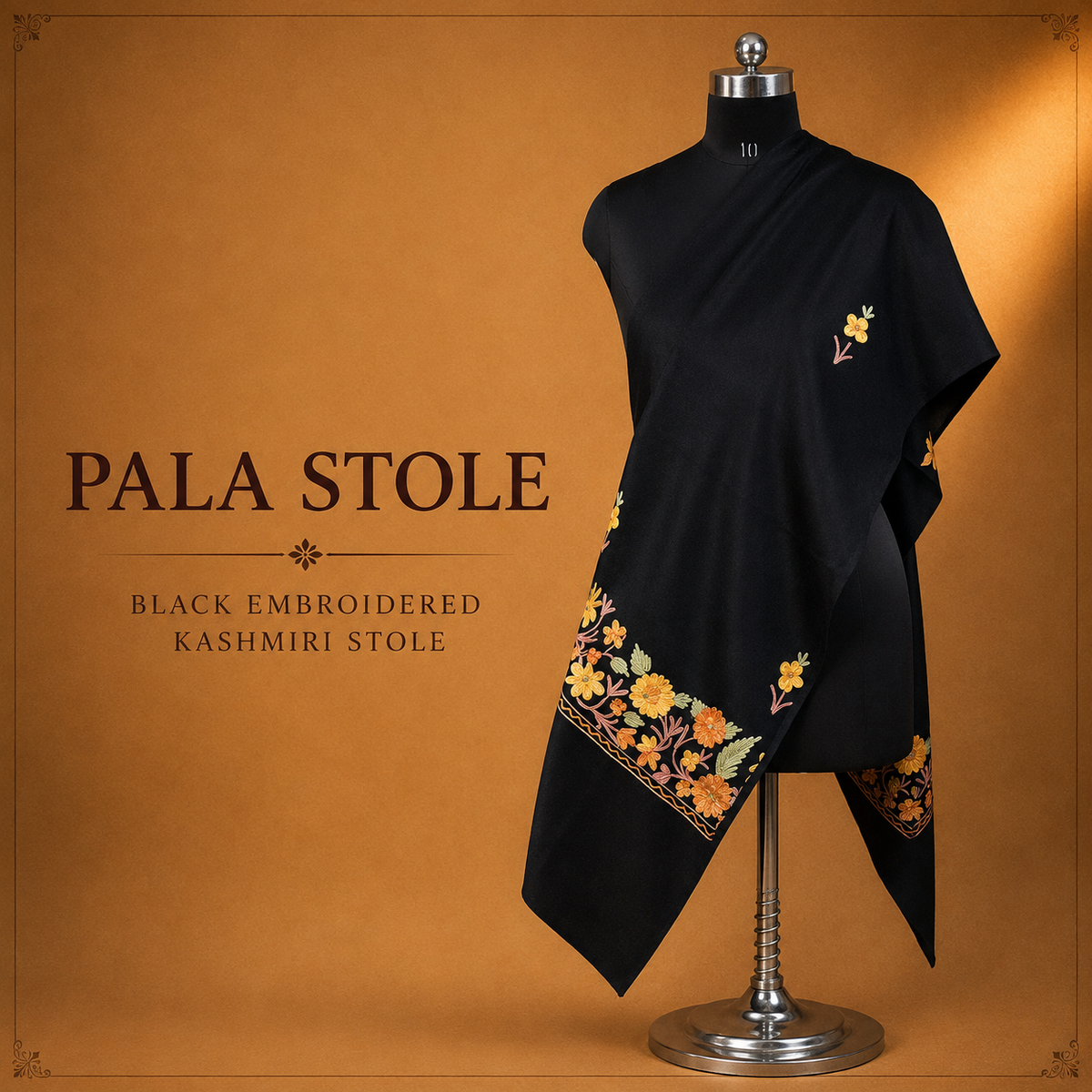 Black Pala Stole with elegant embroidered Kashmiri detailing