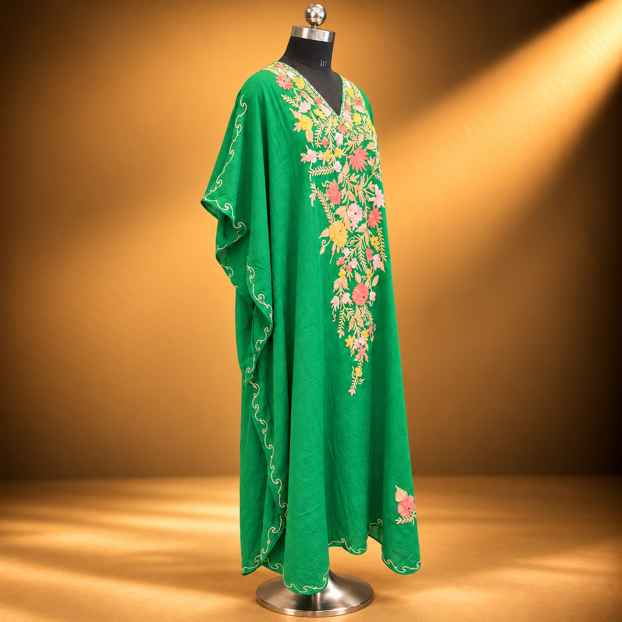 Traditional Parrot Green Kashmiri Crush Kaftan