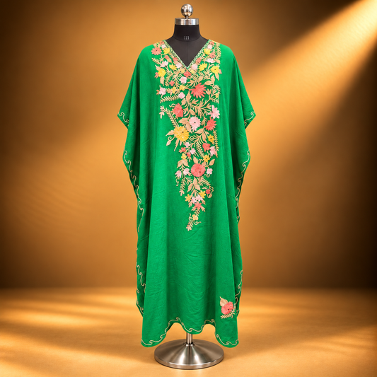 Parrot Green Aari Embroidered Crush Kaftan for Women