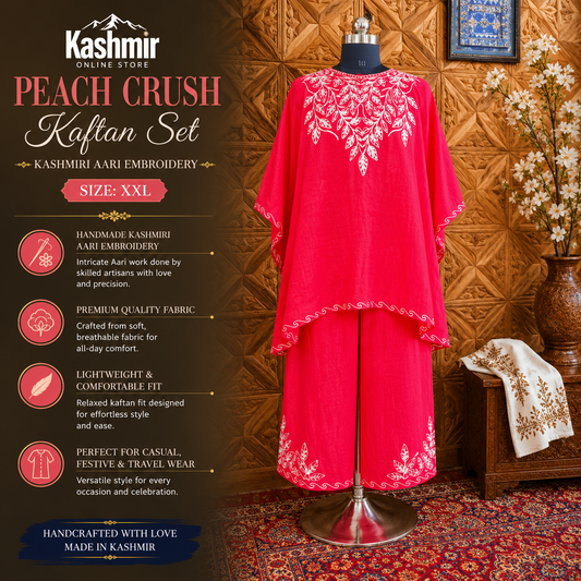 Peach Crush Kaftan Set – Kashmiri Aari Embroidery (Size XXL)