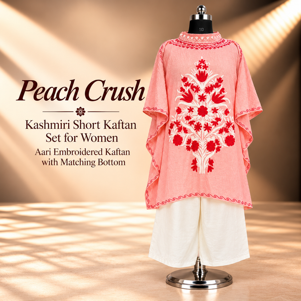 Peach Crush Kashmiri Short Kaftan Set for Women | Aari Embroidered Kaftan with Matching Bottom | Ethnic Wear