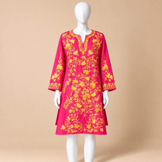 Pink and Gold Kashmiri Jaali Embroidered Top for Women