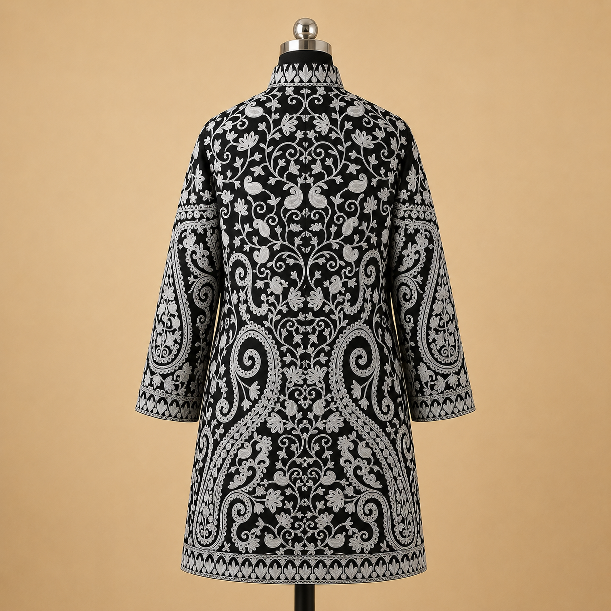 Black Kashmiri jacket with traditional Jaal embroidery on Matka Silk fabric