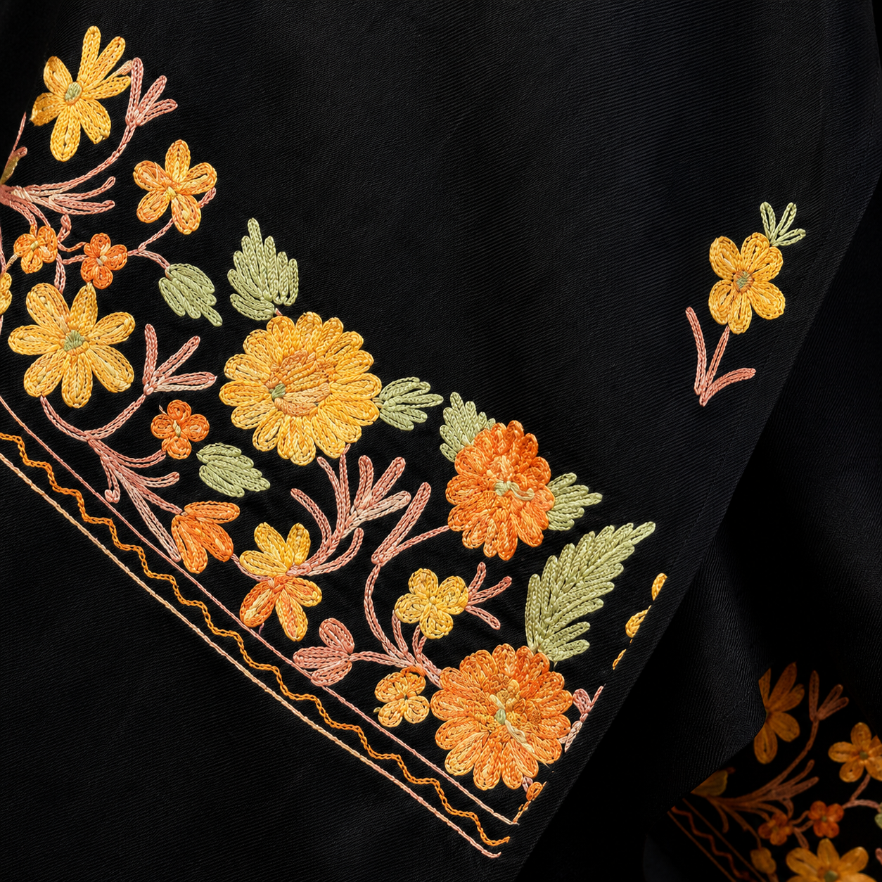 Black embroidered Kashmiri Pala stole with traditional detailing