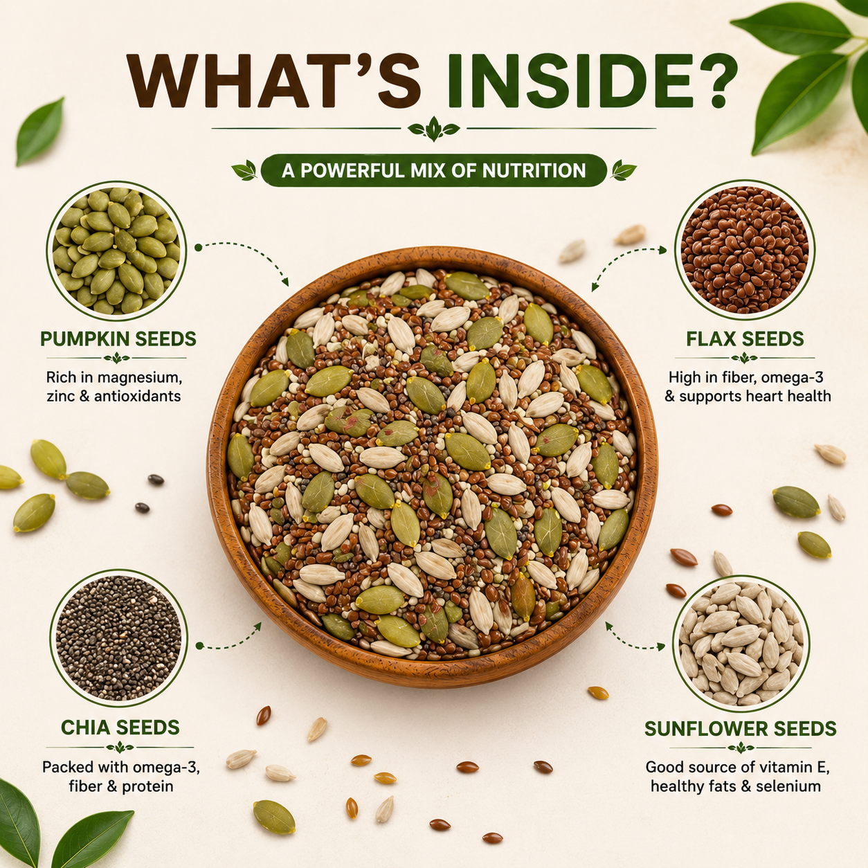 Gourmet dry fruit and seed mix featuring chia pumpkin sunflower and flax seeds