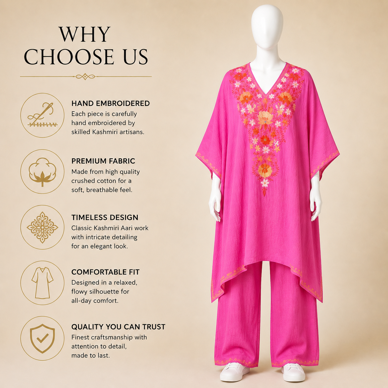Premium Fuchsia Pink Kashmiri Aari kaftan set with matching trouser