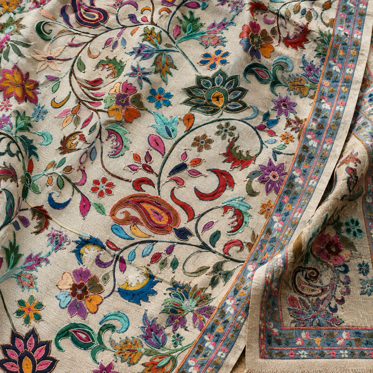 Ivory embroidered Kashmiri stole with fine Kalamkari inspired detailing