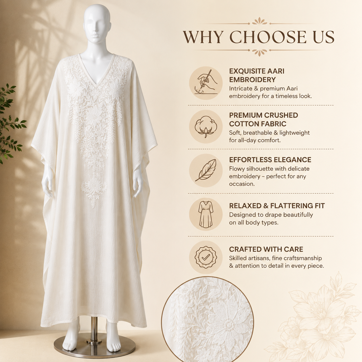 Premium Ivory Tonal long kaftan featuring intricate Kashmiri Aari work