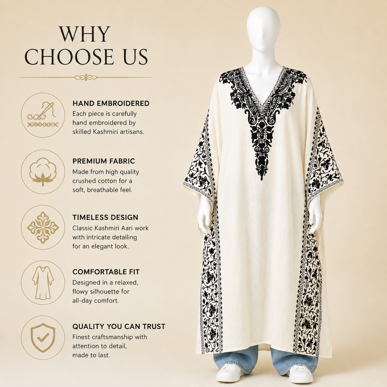 Premium Ivory White crushed cotton kaftan with Kashmiri Aari work