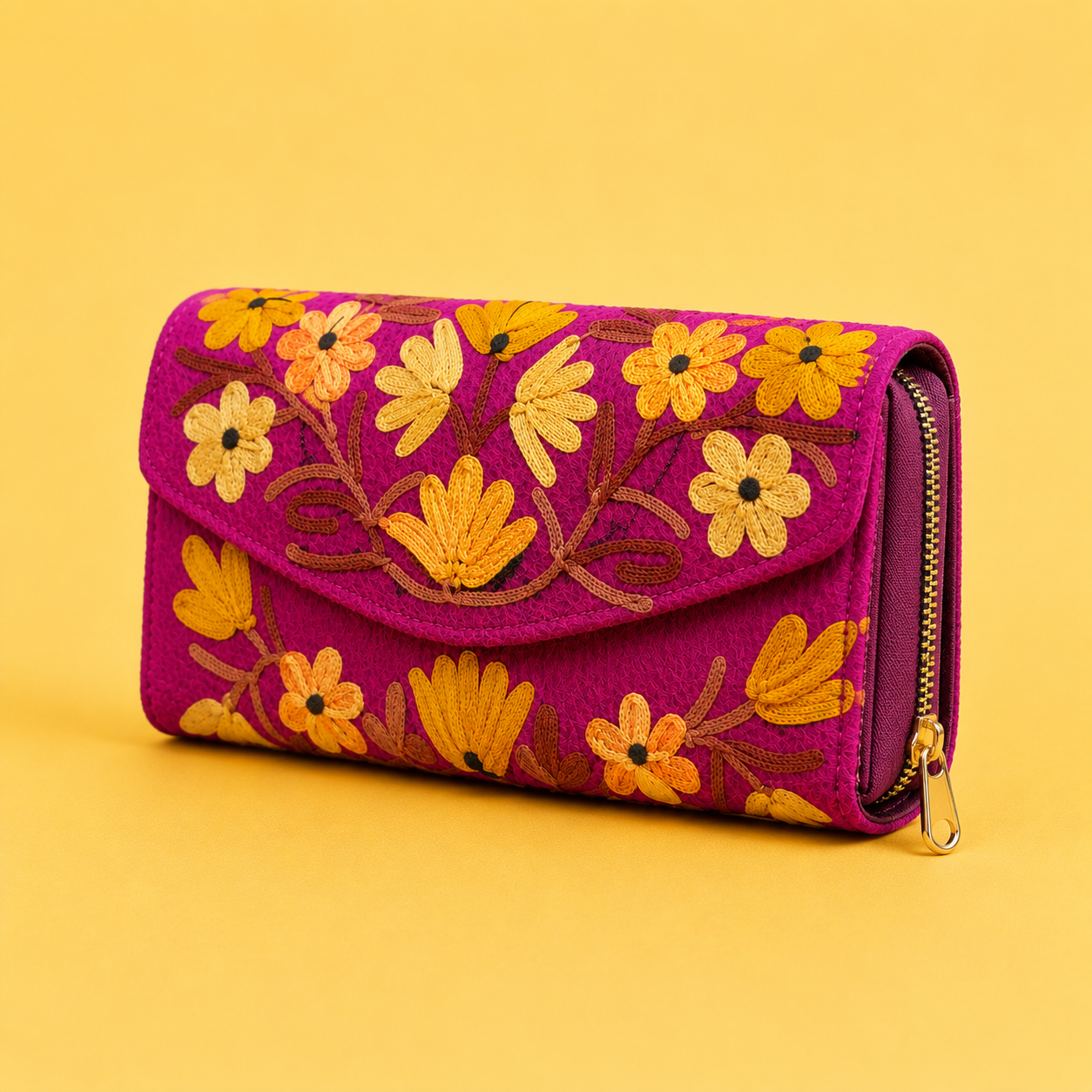 Magenta embroidered clutch with traditional Kashmiri Aari work