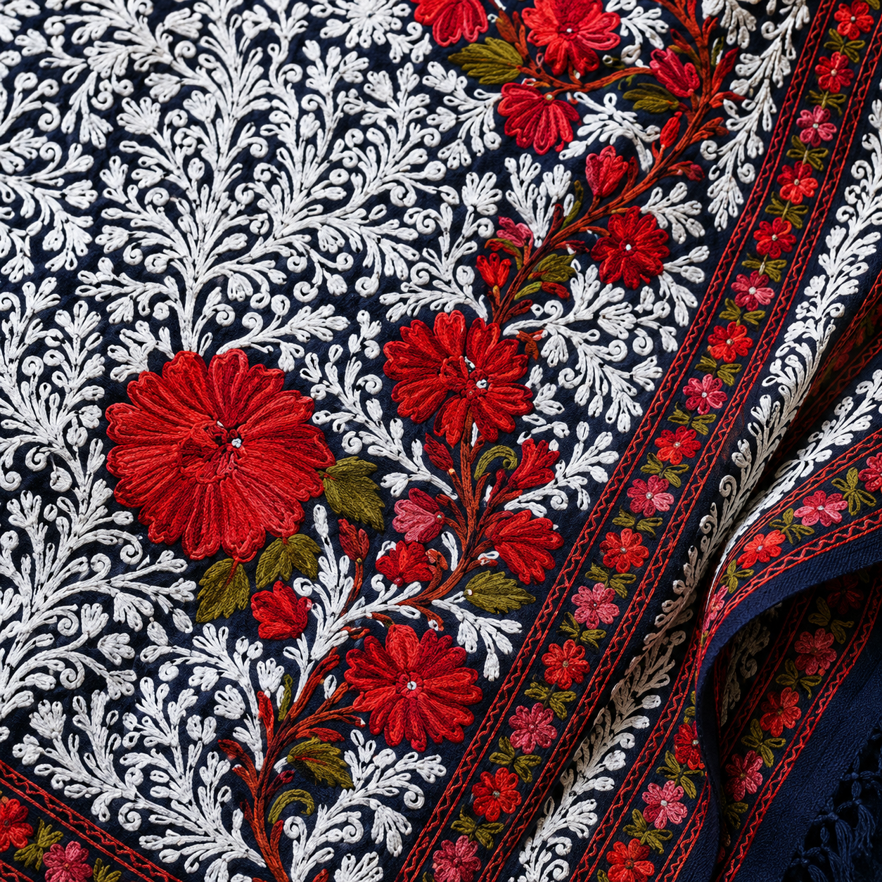 Navy Blue embroidered Kashmiri stole with fine Jama Tusha detailing