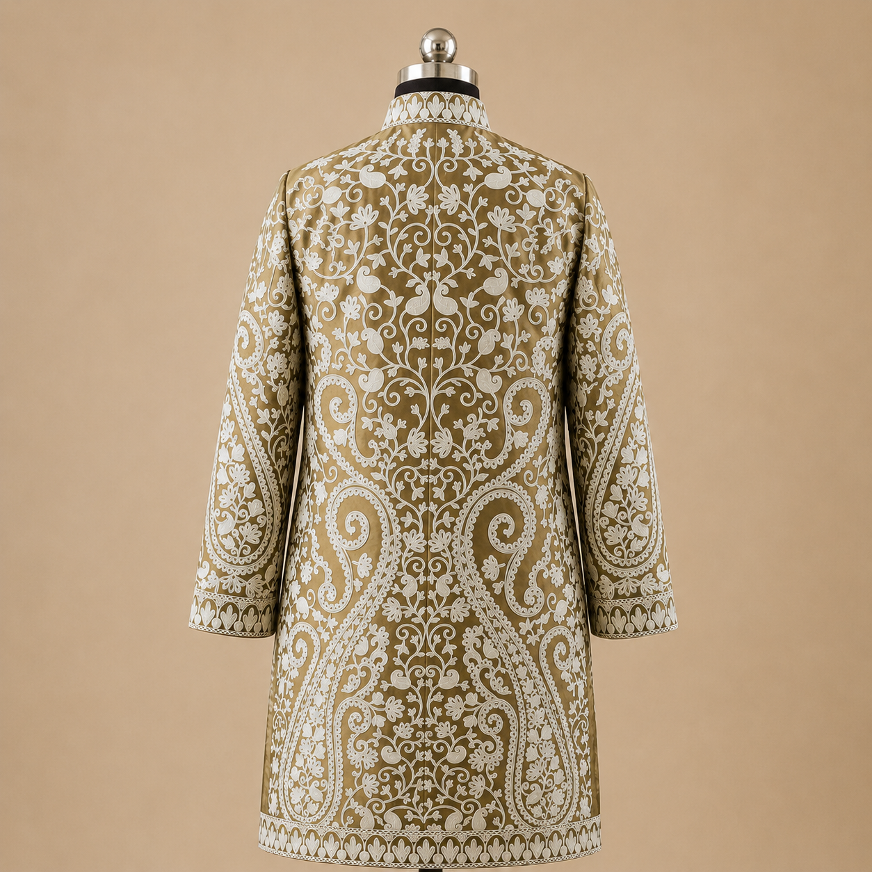 Olive Kashmiri jacket with traditional Jaal embroidery on Matka Silk fabric