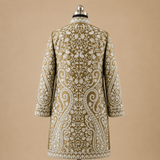Olive Kashmiri jacket with traditional Jaal embroidery on Matka Silk fabric