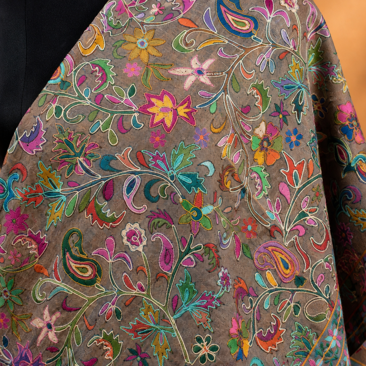 Taupe embroidered Kashmiri stole with fine Kalamkari inspired detailing