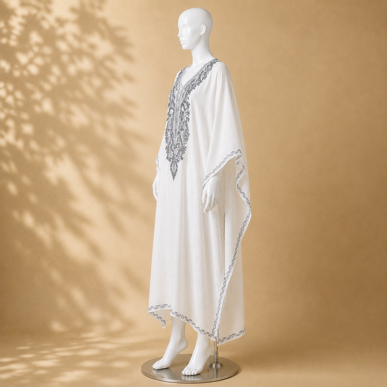 White Grey Kashmiri long kaftan featuring intricate Aari embroidered detailing