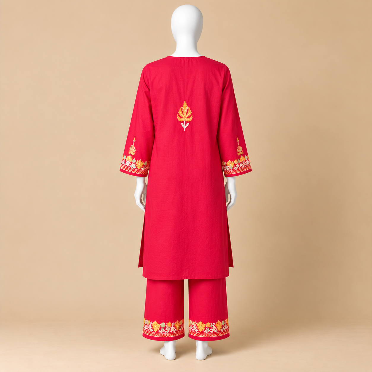 Red Summer Cool Kashmiri Cord Set with Jaali Embroidery