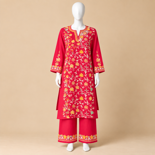 Red Kashmiri Jaali Embroidered Cord Set for Women