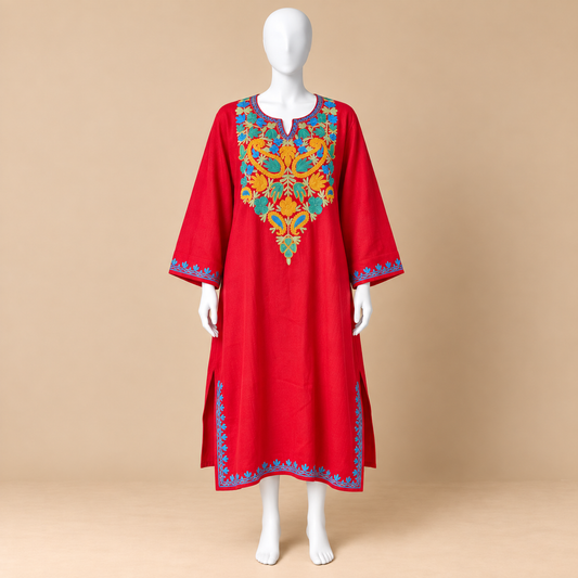 Red Embroidered Kashmiri Pheran for Women