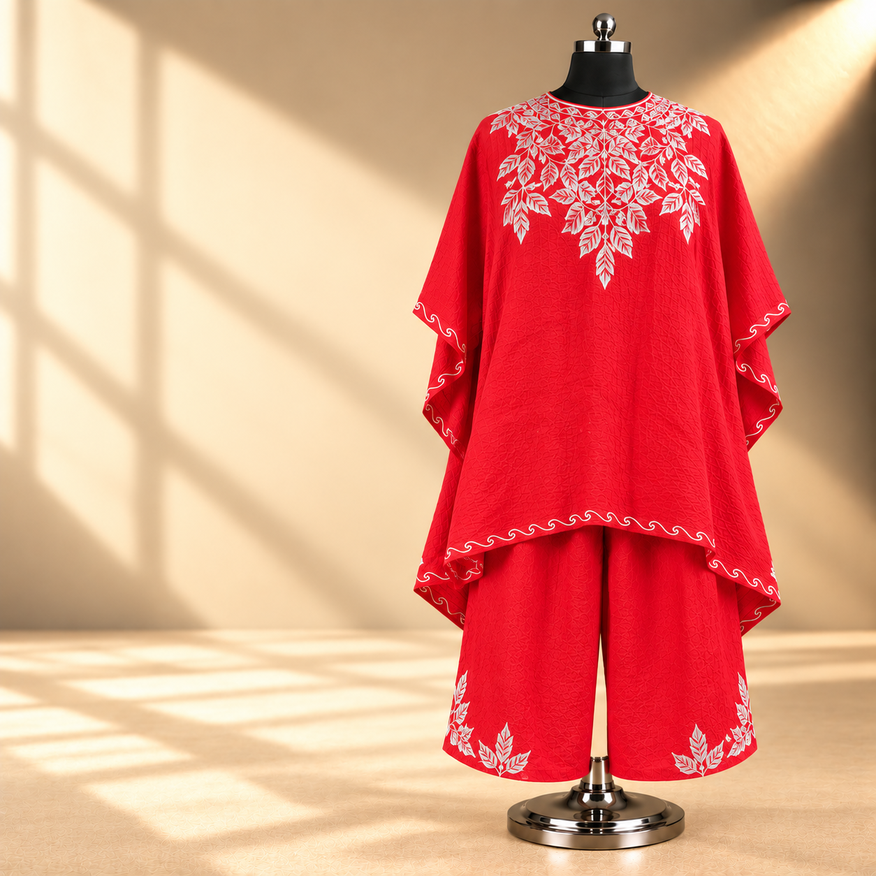 Red Tilla Crush Kashmiri Kaftan Set with Matching Bottom