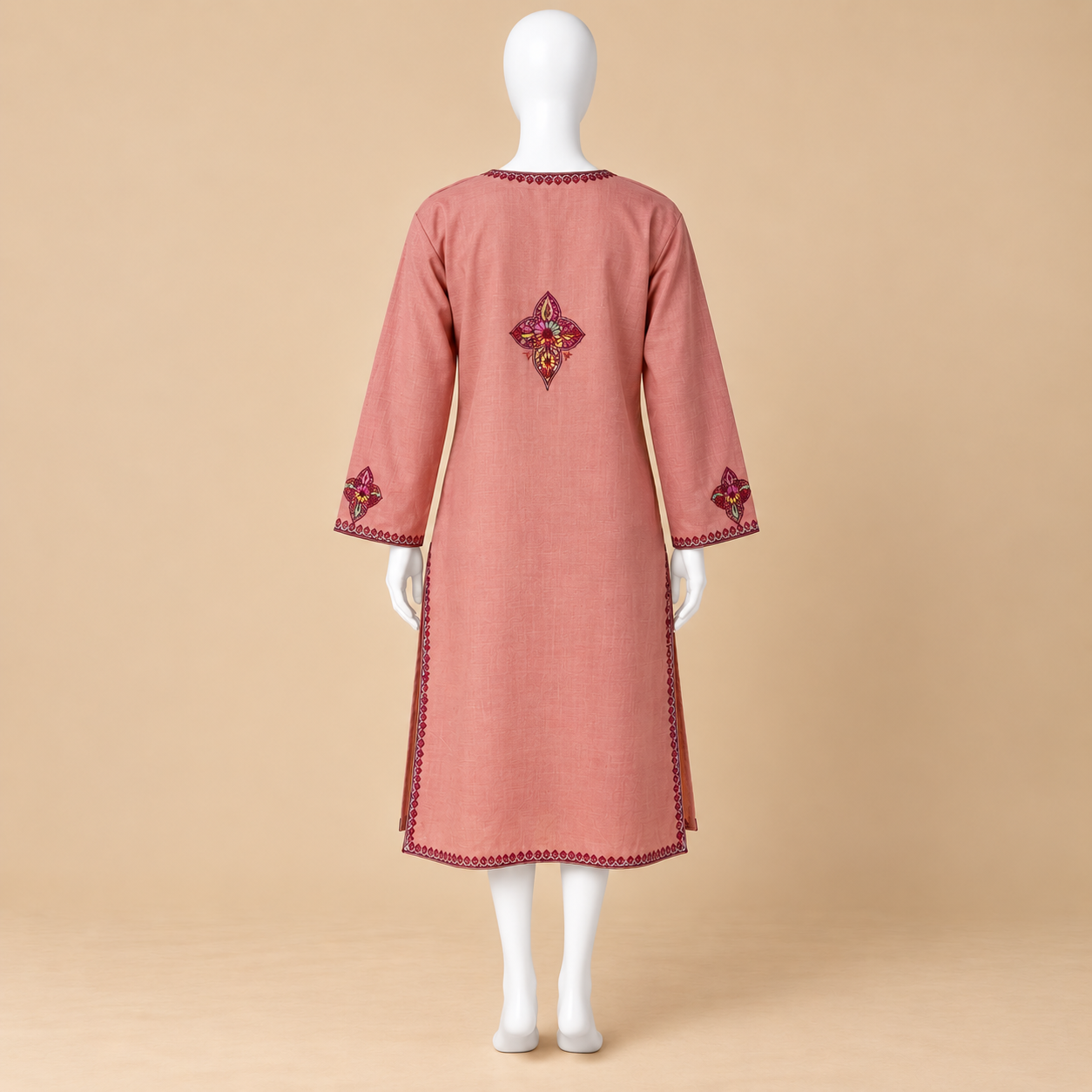 Rose Peach Cotton Kashmiri Long Kurti for Women