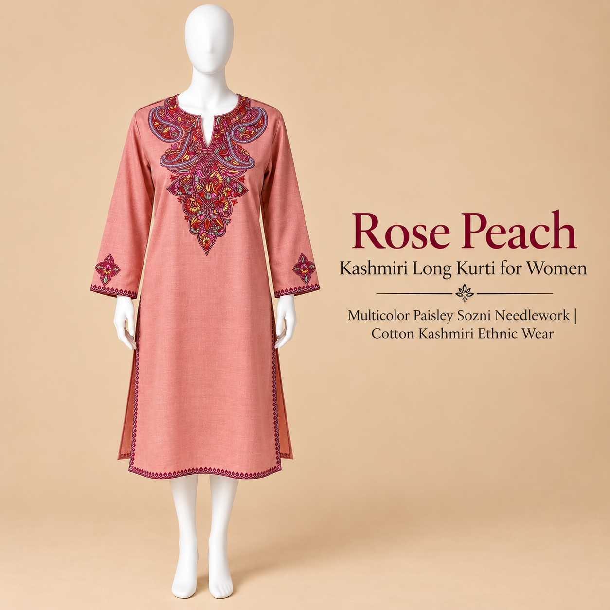 Rose Peach Kashmiri Long Kurti for Women with Multicolor Paisley Sozni Needlework