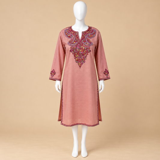 Rose Peach Kashmiri Long Kurti | Multicolor Sozni Paisley Embroidery