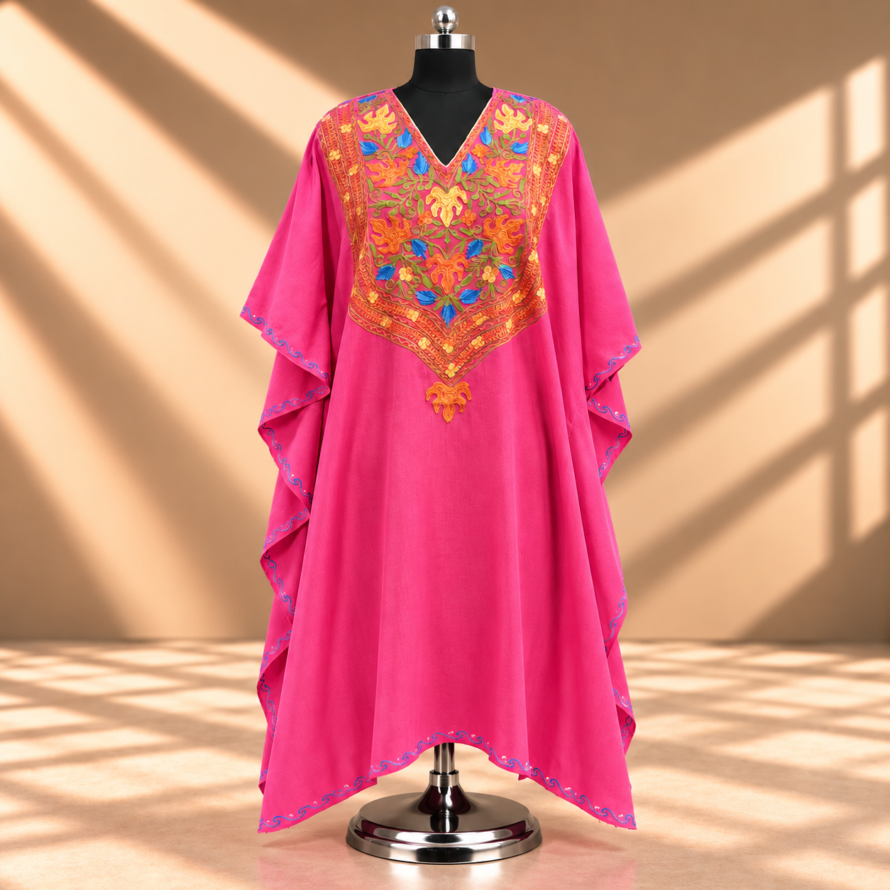 Rose Pink Aari Embroidered Kashmiri Long Kaftan