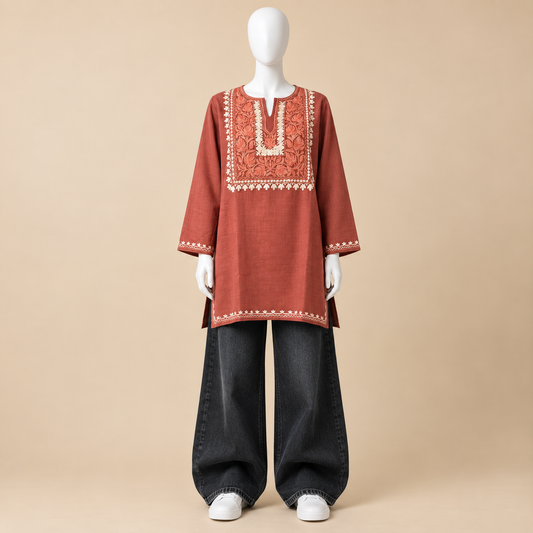 Rust Aari Embroidered Designer Kashmiri Kurti