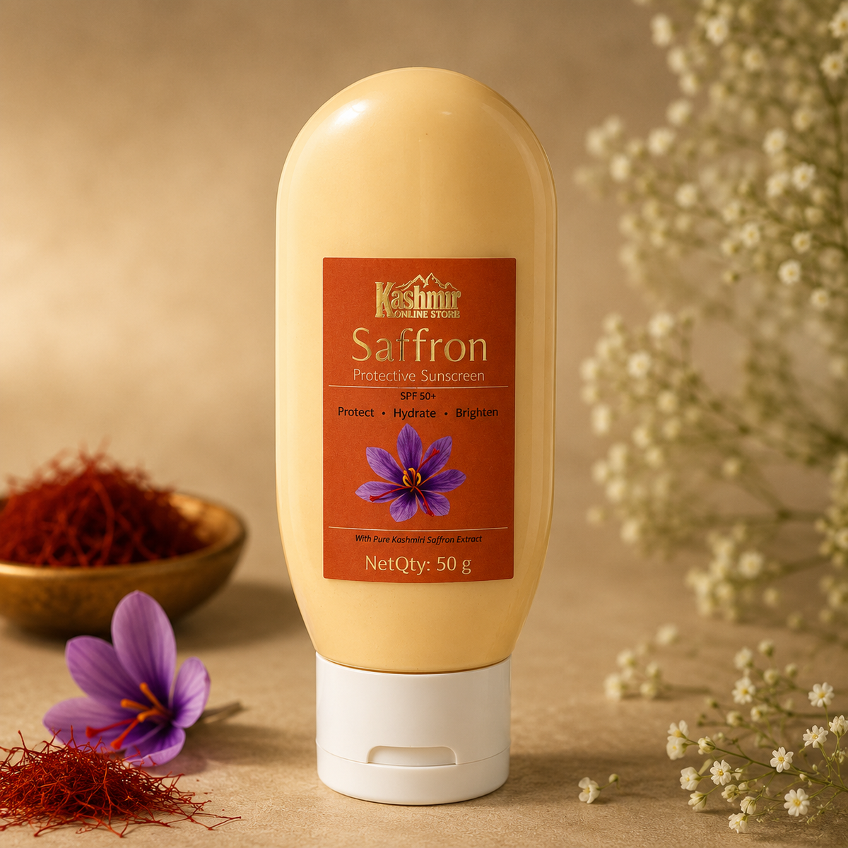 Saffron protective sunscreen SPF50+ for UV protection
