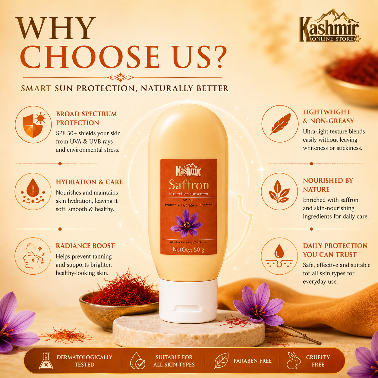 Hydrating saffron sunscreen SPF50+ for dry skin