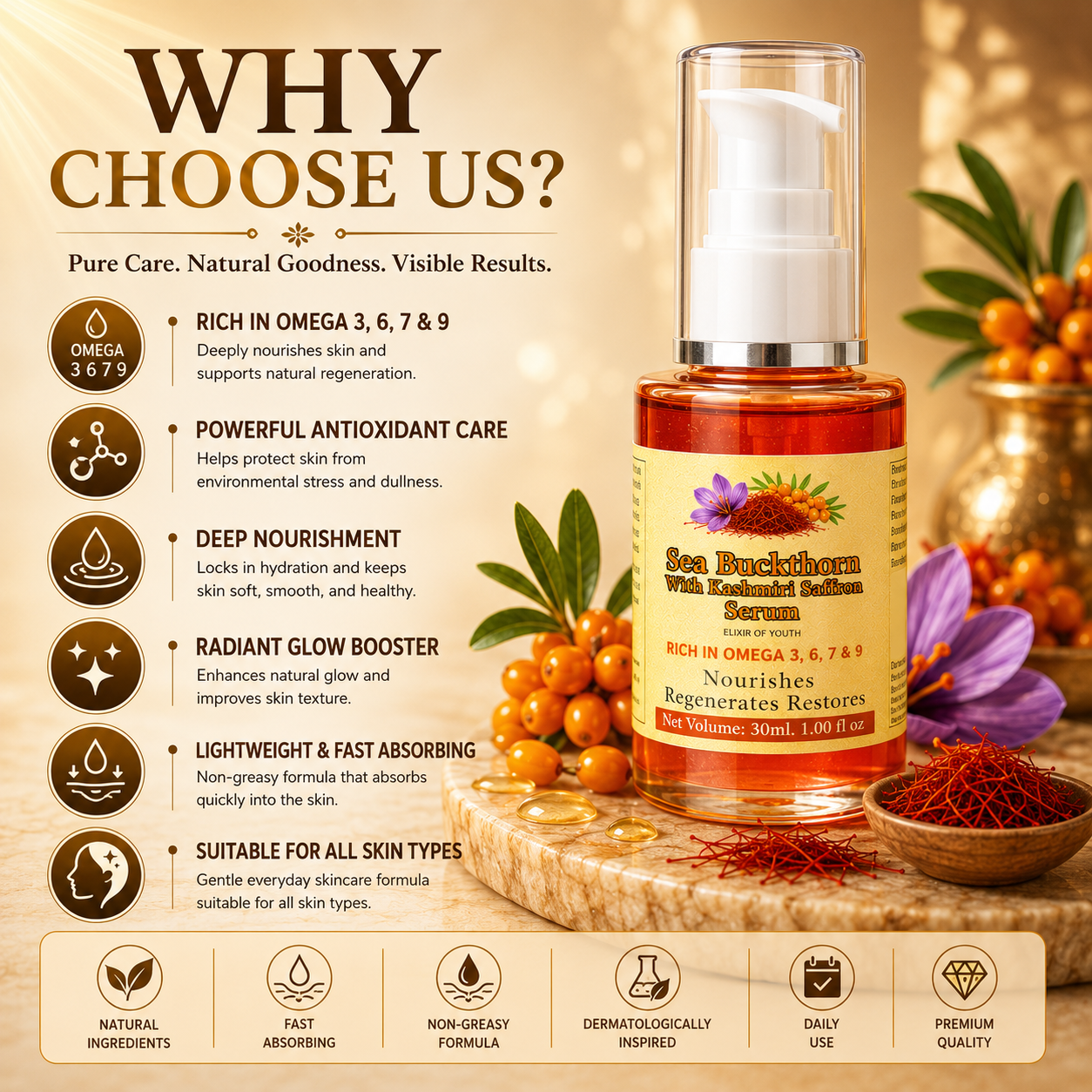 Sea buckthorn serum for fresh radiant skin