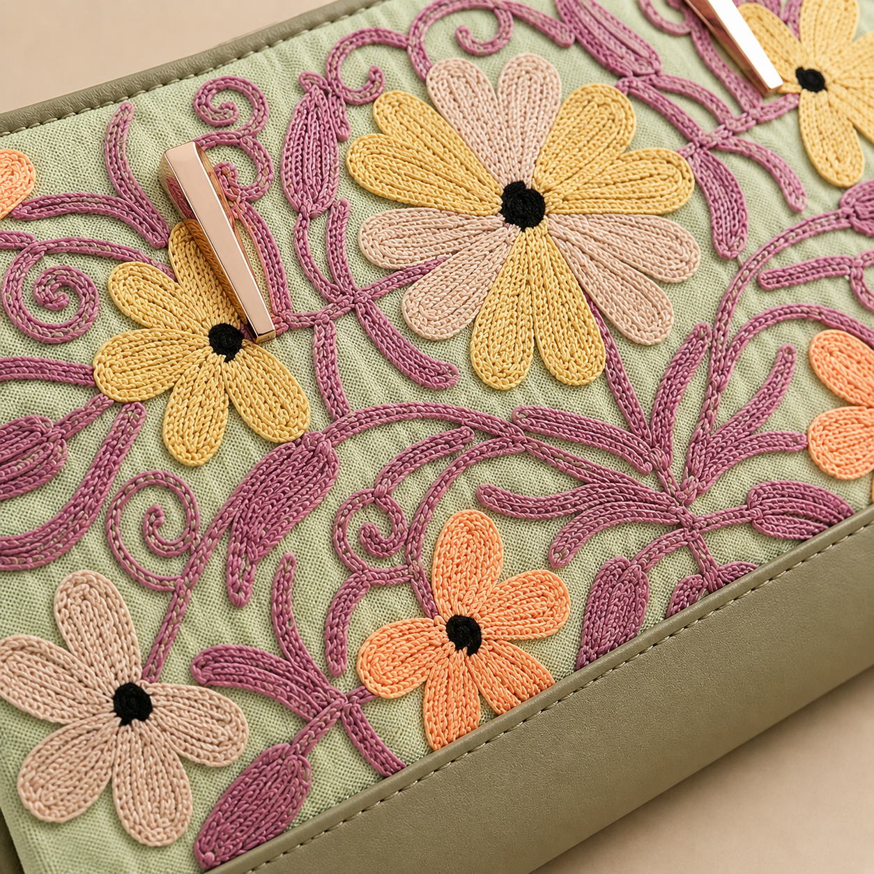 Elegant Sage Green clutch with detailed Kashmiri Aari embroidery