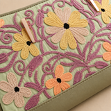 Elegant Sage Green clutch with detailed Kashmiri Aari embroidery